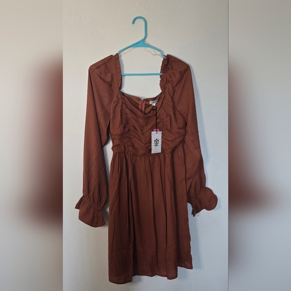 Andrée By Unit Brown Long Sleeve Ruffle Boho Mini Fall Dress New Size Large - Picture 2 of 6